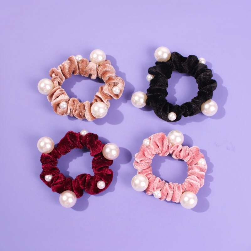 6 PCS Soft Velvet Elastic Hair Rope Scrunchies Sweet Pearls Hair Accessories For Women Tie Hair Ring Ponytail Holder Headpiece