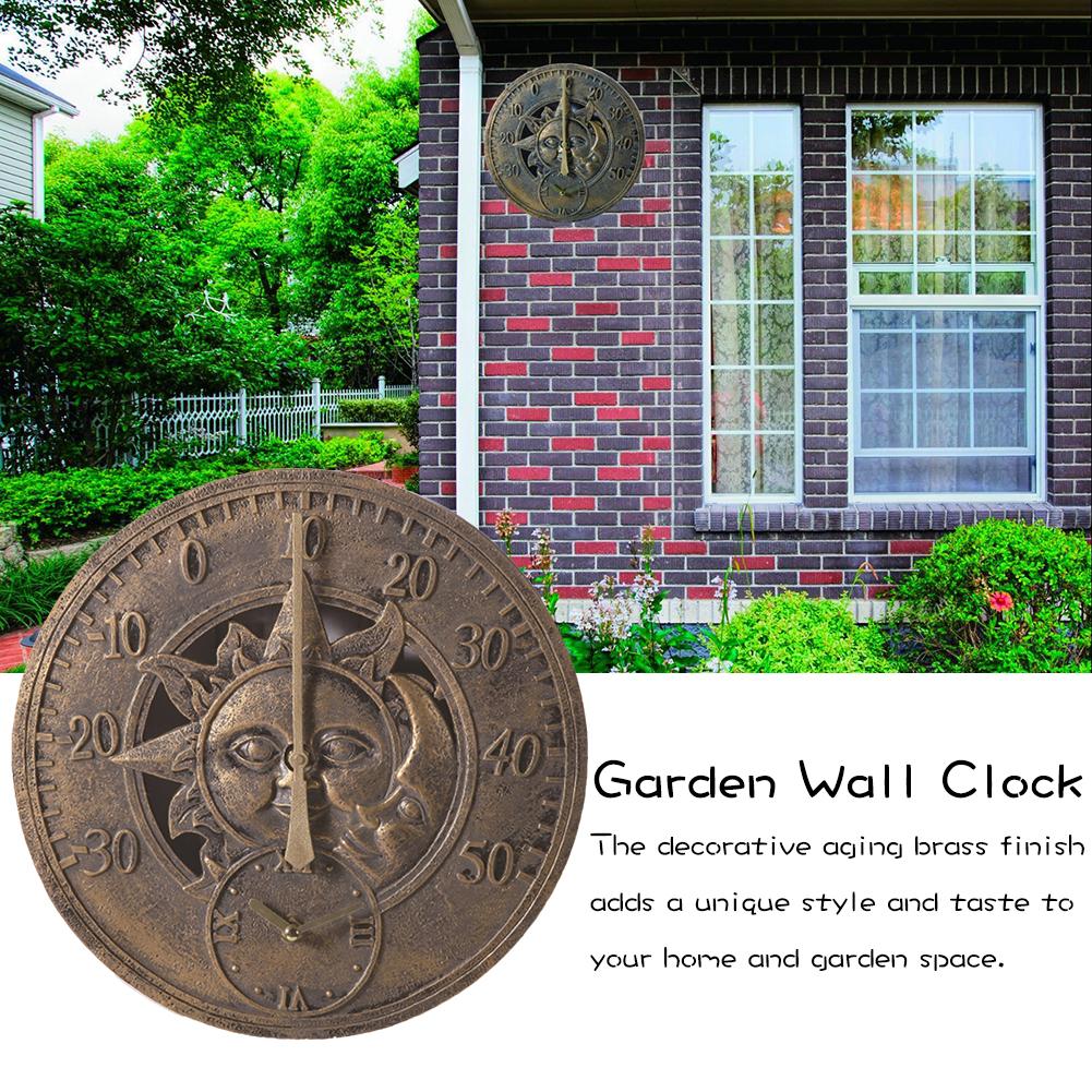 Wall Clock Retro Waterproof Resin Clock Watch with Thermometer for Courtyard Garden Wall