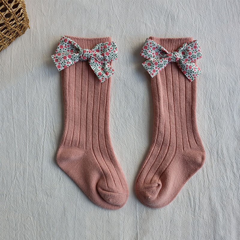 Autumn and Winter Products Soft Children's Socks Striped Floral Bow Socks Plain Medium-Long Stockings Baby Socks: Pink