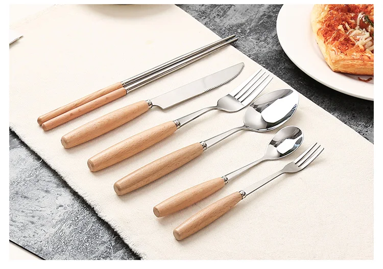 Fruta tenedor cuchara Acero inoxidable cuchillo de carne cena tenedor mango de madera cubertería occidental conjunto de vajilla: 6 pcs together set