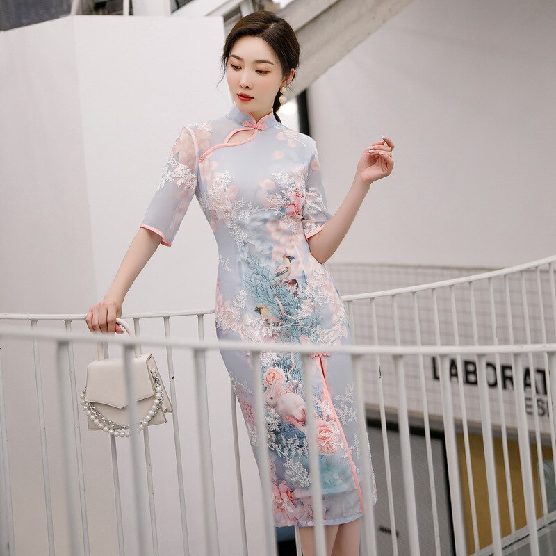 FZSLCYIYI-vestidos de estilo chino tradicional para mujer, vestido de media manga hasta la rodilla con estampado de qipao: 1053 / XXL