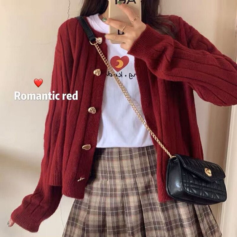 Jerséis Kawaii para mujer, cárdigan de punto de manga larga con botones de corazón bonitos de invierno , jerséis rojos de Navidad T521: Borgoña