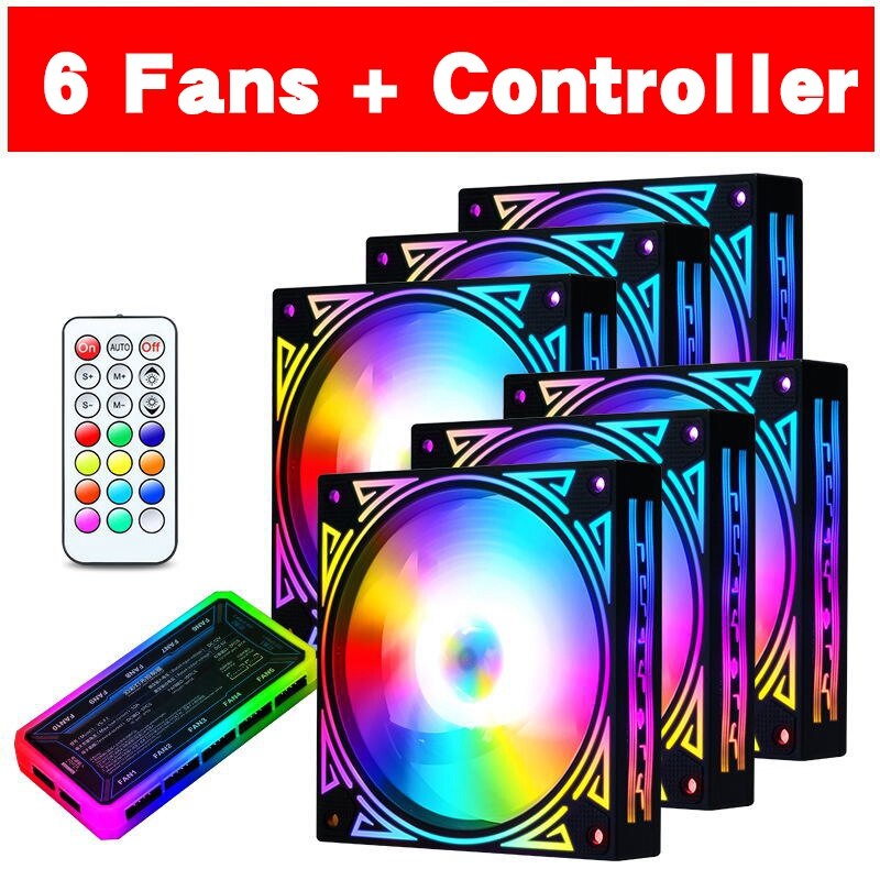 Cooling RGB Fan 120mm with Remote Control Controller Adjustable Speed Adjust LED 12CM PC Case Fans for Computer Components: 6 fan and controller