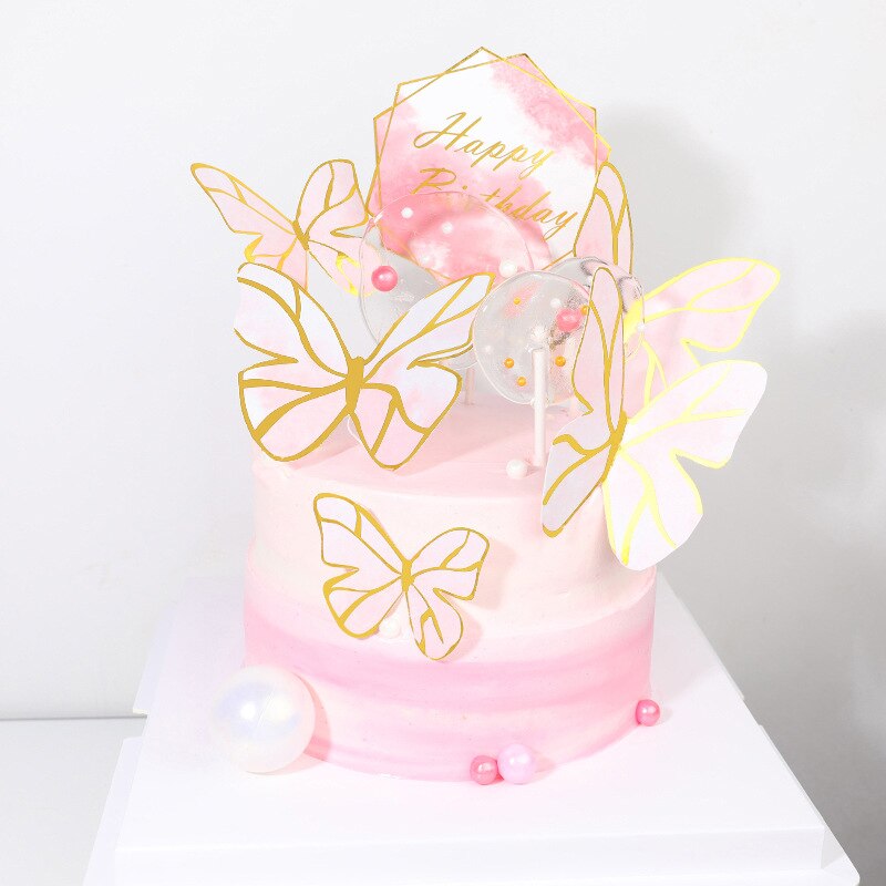 1 Set Roze Geschilderd Vlinder Thema Gelukkige Verjaardag Cake Topper Baby Shower Prinses Kids Gunsten Feestartikelen Candy Bar