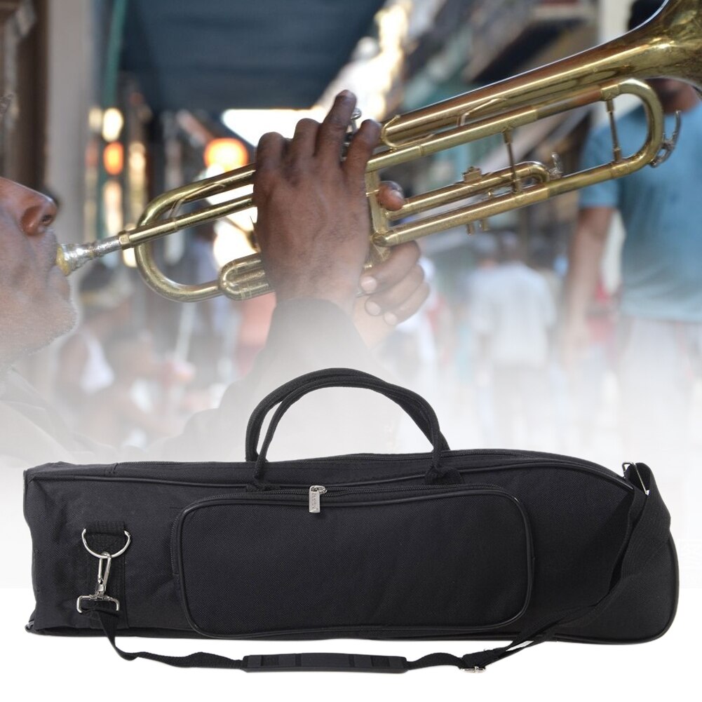 Trumpet Bag Oxford Cloth With Pocket Waterproof Wind Instrument Gig Package Storage Case Adjustable Strap Black