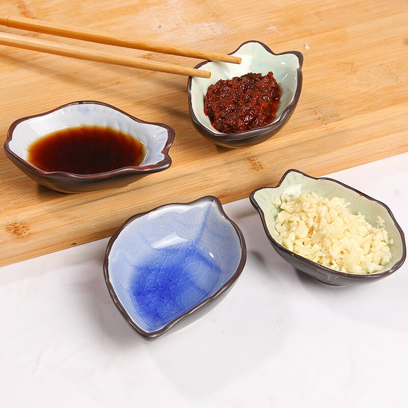 Plat Mini assiette en céramique glace fissure | Feuilles d'arbre ou Sauce de poisson, plat glacé 10x8cm (2 pièces)