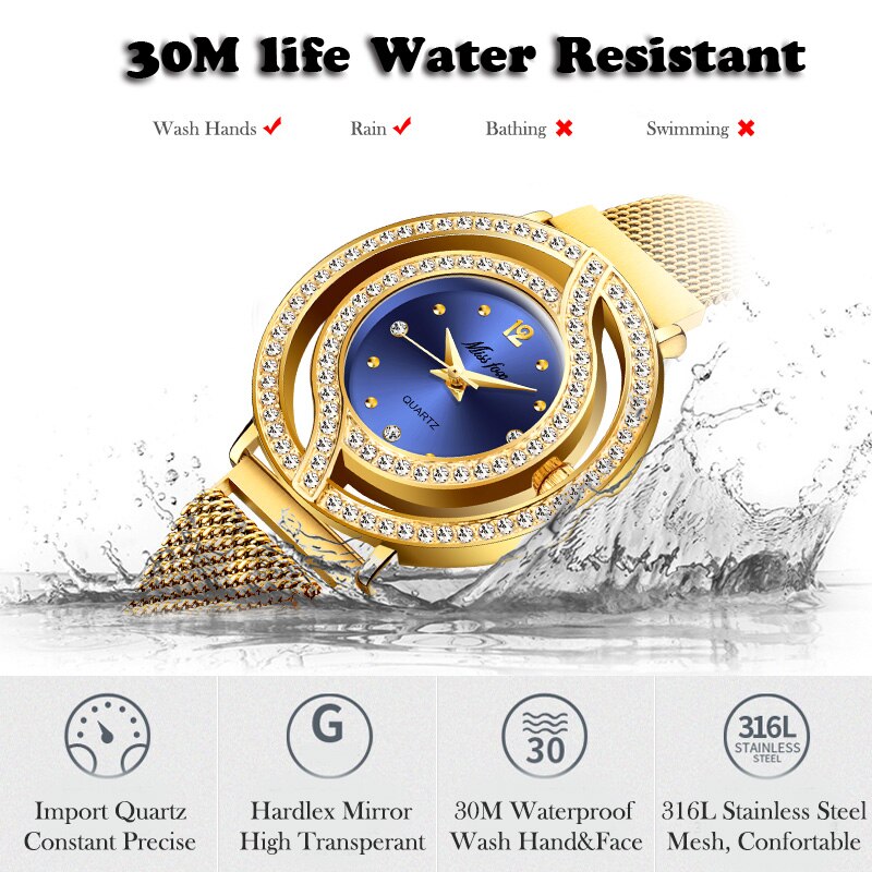 Missfox magnetisk ur dame luksus mærke vandtæt diamant dame ure hul blå kvarts guld dame armbåndsur