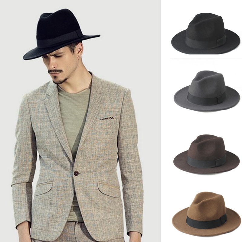 2 grote Maat 100% Wol Mannen Vilt Trilby Fedora Hoed Voor Gentleman Brede Rand Top Cloche Panama Sombrero Cap Maat 56-58, maat 59-61 CM