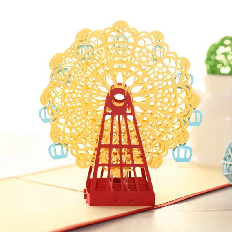 3D Pop-Up Cards Flowers Birthday Card Anniversary Postcard Ferris wheel party Wedding Invitations Greeting Cards: Yellow