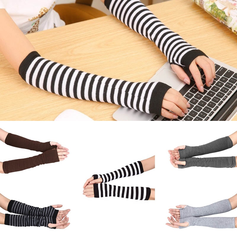 Lady Stretchy Soft Knitted Wrist Arm Warmer Long Sleeve Fingerless Gloves Striped Arm Warmers