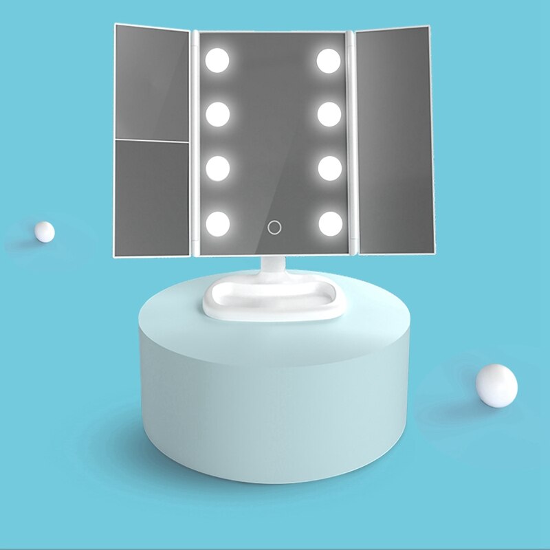 Justerbart led speil sminkespeil stort 8 led lys pressesensor 2 x 3x zoom bærbar tresidig folding