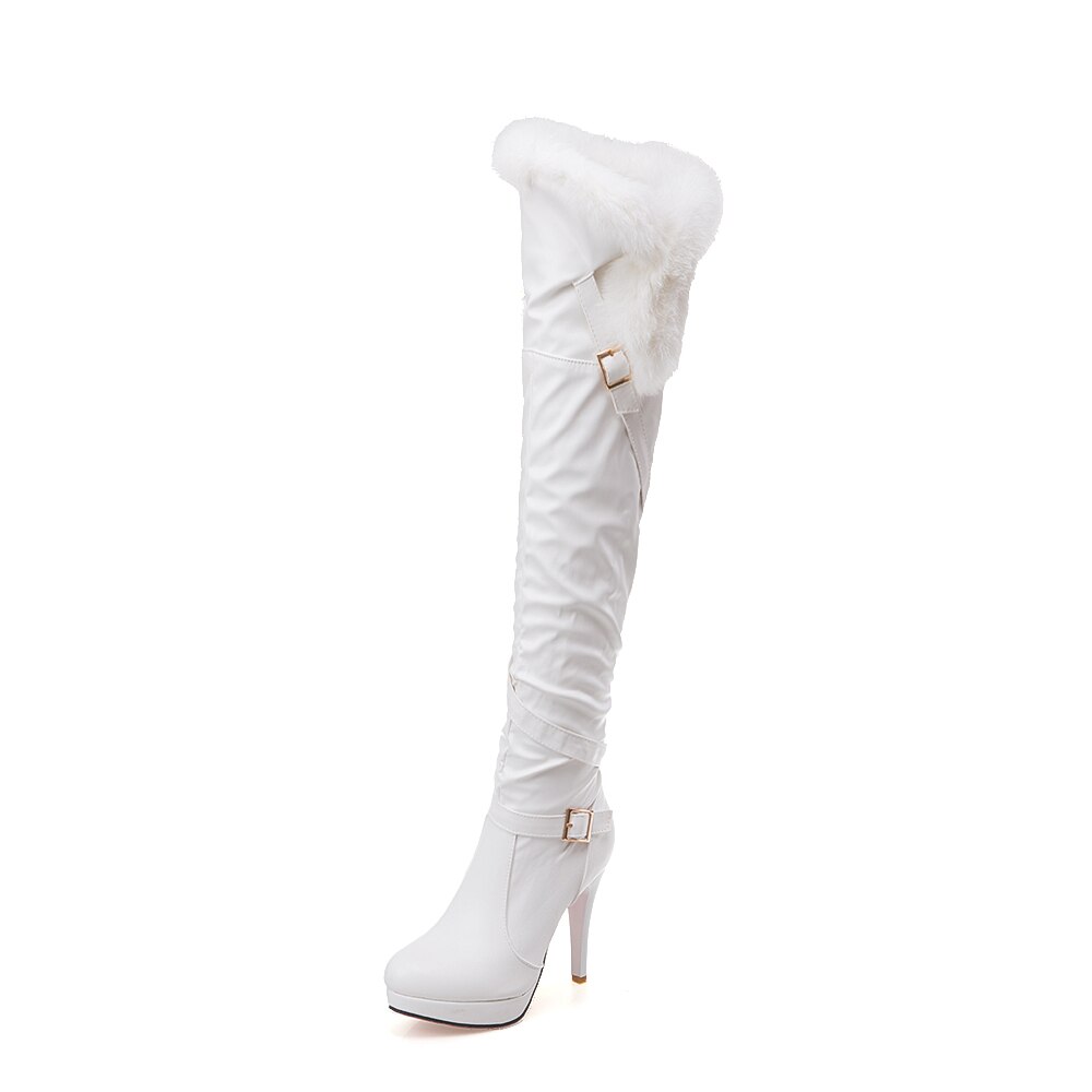 fur Thigh High Boots Platform Winter Boots Women Over the Knee Boots Long Boots High Heels warm Plush Wedge Shoes: White / 8.5