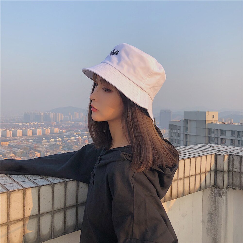 Unisex Outdoor Camping Hiking Bucket Hat English Letters Cotton Reversible Sun Protection Foldable Cap Bucket Hat