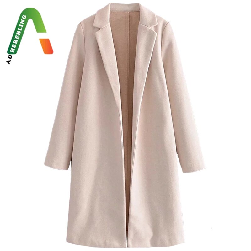 Adherebling Woman Casual Traf Jacket Autumn Winter Side Pockets Open Stitch Longline Trench Coats Loose Beige Overcoat