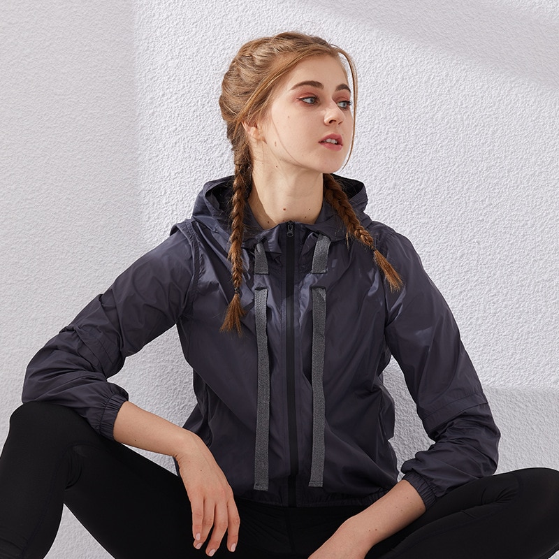 Running Outdoor Proof Sports Jacket with Hats Women Fitness Workout Exercise Jackets Casual Zipper Womens Coat High Neck