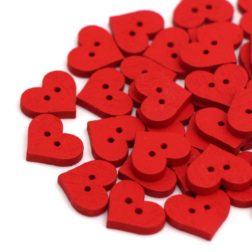 50Pcs Red Heart Decorative Button 2-Holes Wooden Buttons for Clothing Love Craft Supplies DIY Bags Sewing and Needlework 15x13mm