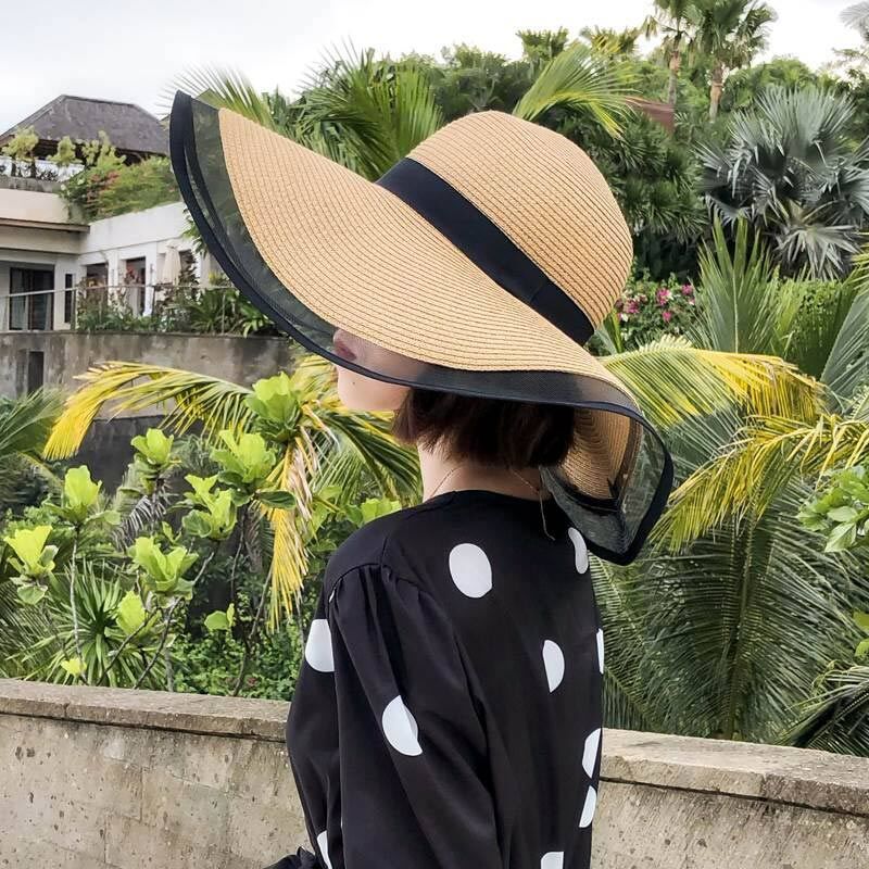 sol sombreros para las mujeres de ala ancha Floppy sombrero de paja de verano Bohemia playa tapa cinta sombrero negro: Beige