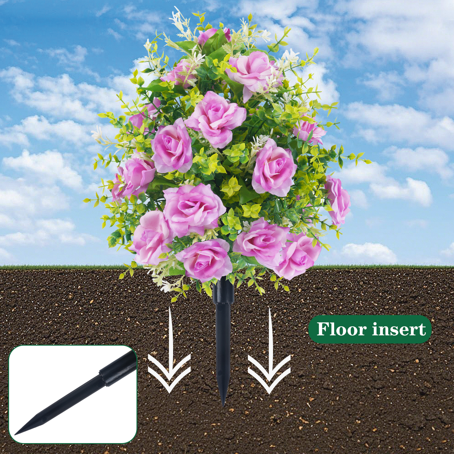 Rosa de flores artificiales con picos de tierra, estaca de jardín, arbustos verdes de imitación, decoración de jardín, porche de jardín al aire libre, decoración de boda