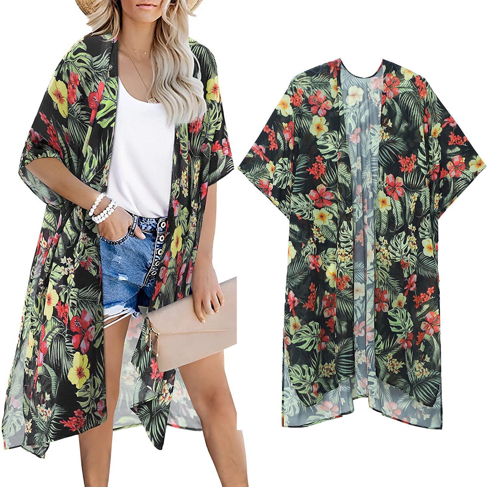 Bata transparente para mujer, Blusa de gasa con estampado único, protección solar, Media manga, Bikini, cárdigan, falda Bohemia con abertura larga, 2022