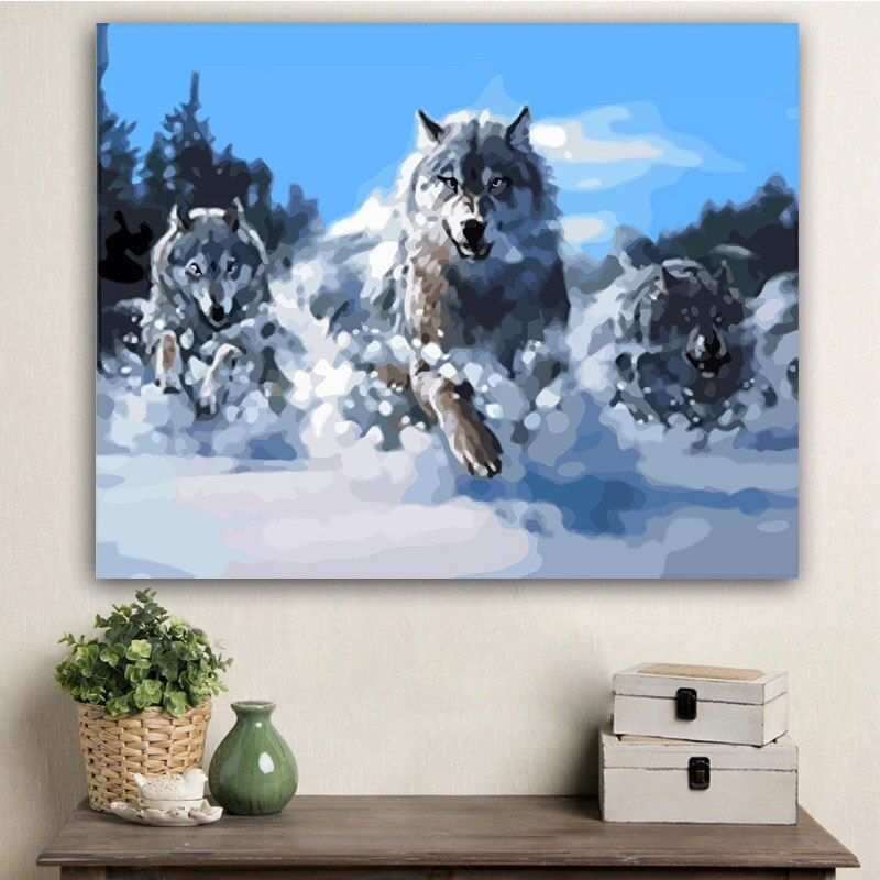 Målning med siffror konst måla efter nummer själv vit snö, våldsam varg abstrakt djurvåld estetik på duk: 9449 / 40 x 50cm utan ram