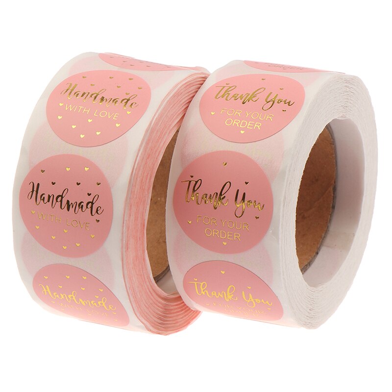 500 Uds = 1 rollo de pegatinas de etiqueta rosa papel bonito círculo etiquetas de sello gracias por su orden y pegatinas hechas a mano de 1 pulgada