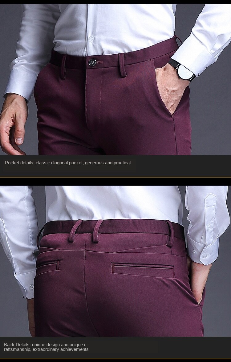 Icpans stretch slim casual dress byxor män röd business office formella kostym byxor för män sommar våren