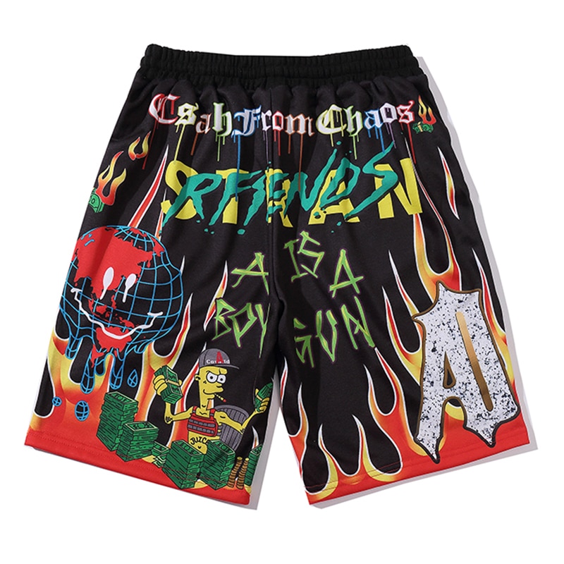 Aolamegs Shorts hommes dessin animé flamme Graffiti imprimer plage genou longueur Shorts Hip Hop Bermuda Style taille élastique haute rue été