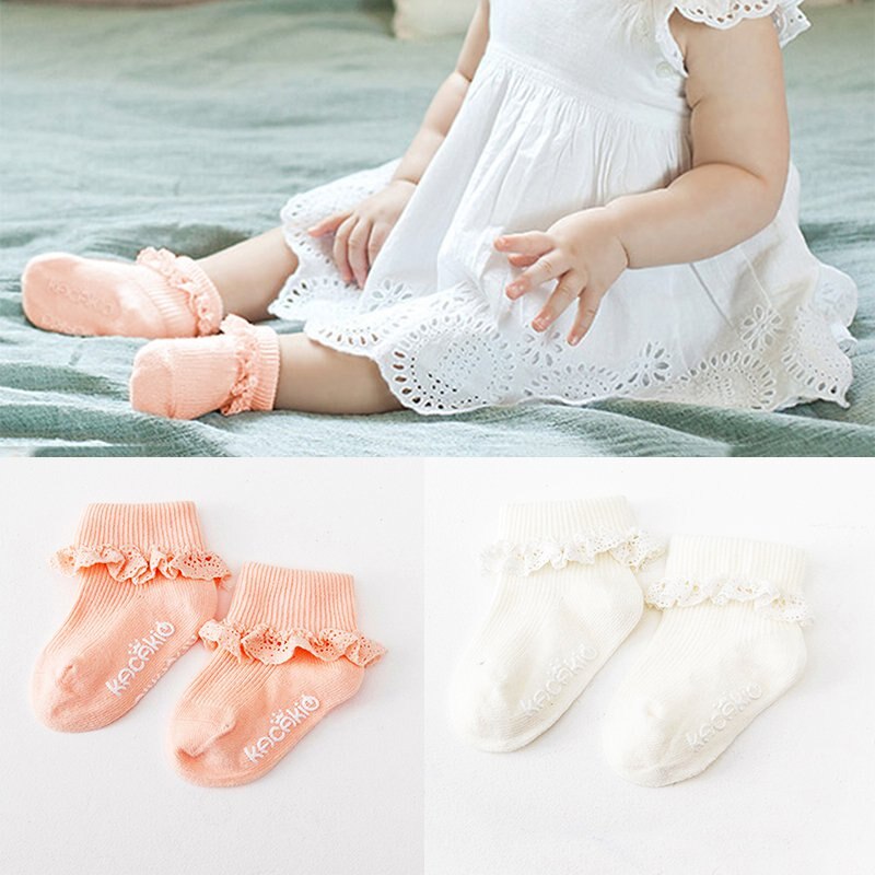nette Neugeborene Kleinkind Mädchen Socken Kind Weiß Rosa Lace Rüschen Trim gleitschutz Socken