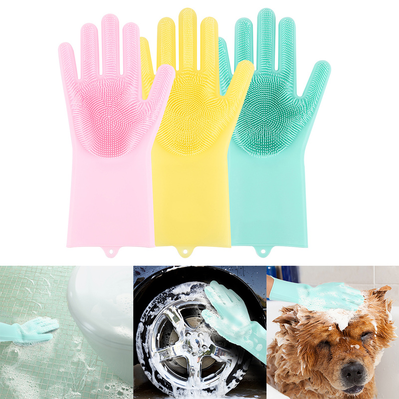 A Pair Magic Silicone Scrubber Rubber Cleaning Gloves Dusting Dish Washing Pet Care Grooming Hair Car Insulated Kitchen Helper