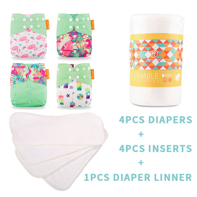 Happyflûte-couche lavable réutilisable, 4 Inserts + 1 couche jetable, taille ajustable, convient aux bébés de 3 à 15KG: SMT008-B12