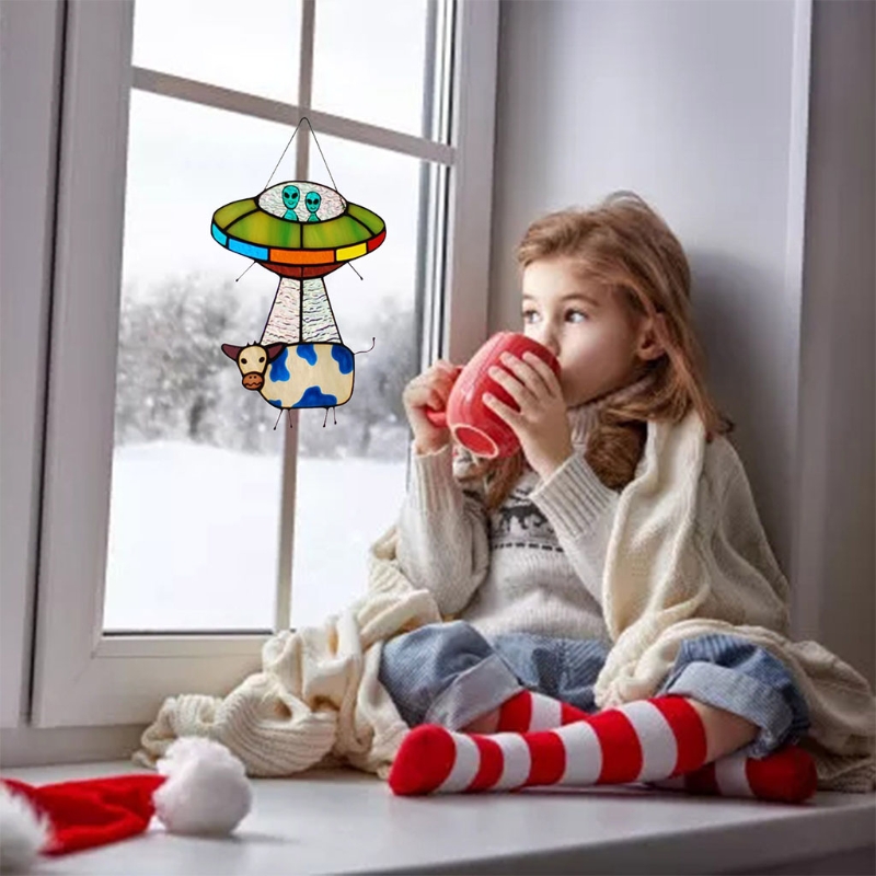 Malowane UFO wisiorek krowa witraż Suncatcher płyta okienny kreatywne drzwi wiszące ogród dekoracji wnętrz Y1QB