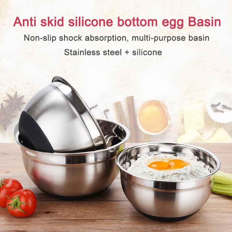 Rustfrit stål blandeskål ergonomisk skridsikker silikone bund ægskål opbevaringsskål sæt køkken salatskål køkkenredskaber