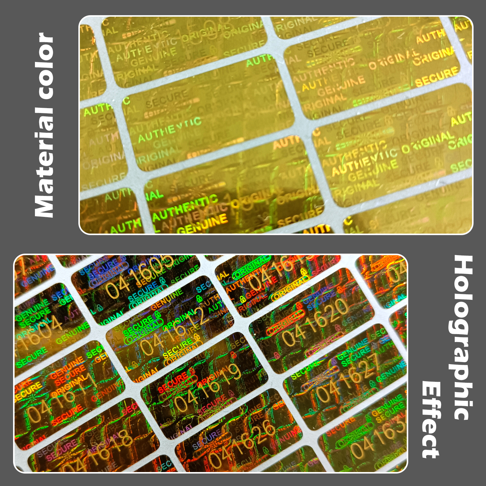 Goldene manipulationssichere Hologramm-Aufkleber, Hochsicherheitsetiketten, Garantie erlischtes Siegel, Original, echt, 2 x 1 cm
