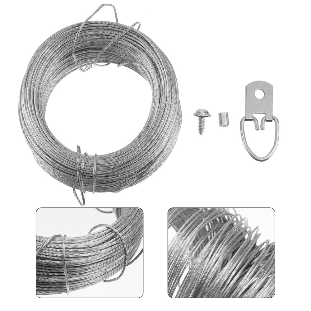 1Set Wire Rope and Photo Frame Hanging Hooks Kit Picture Hangers Picture Hanging Wire Set(20m Wire Rope +20 Sets of Rings)