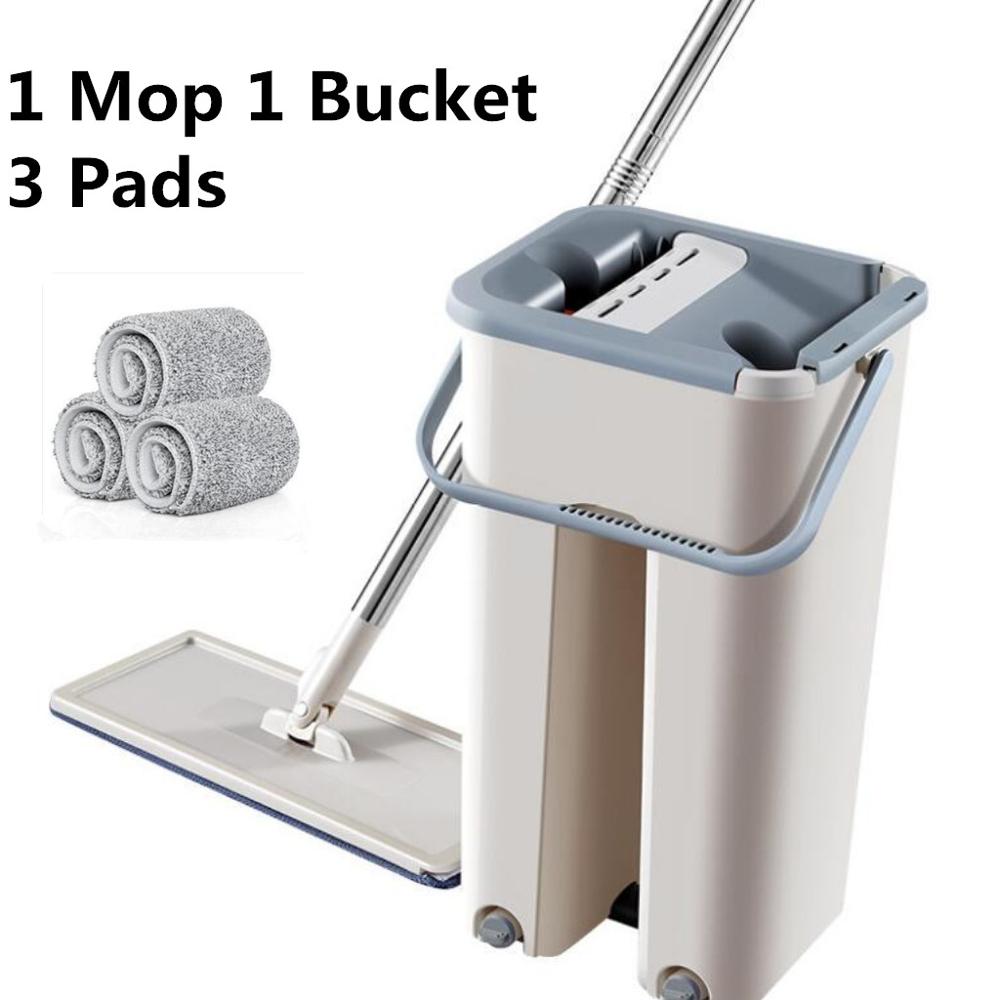 Flat Squeeze Mop and Bucket Hand Free Wringing Floor Cleaning Mop Microfiber Mop Pads Wet or Dry Usage on Hardwood Laminate Tile: 1 Mop 3 Pads