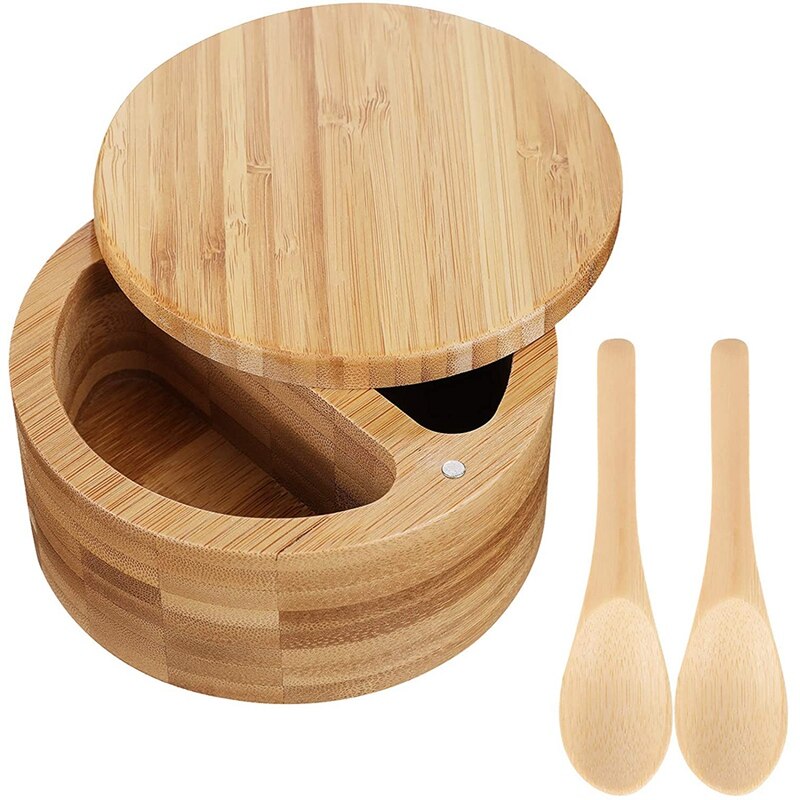 Compartment Bamboo Salt Pepper Box with Magnetic Swivel Lids and 2 Pieces Mini Bamboo Spoons for Kitchen Tool: Default Title