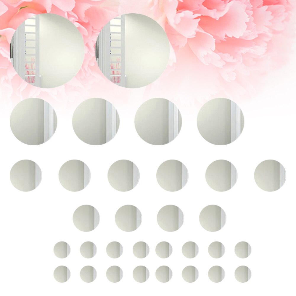 30PCS Round DIY Mirror Surface Wall Sticker Self Adhesive Waterproof Mirror Sticker for Home Living Room Bedroom (Silver)