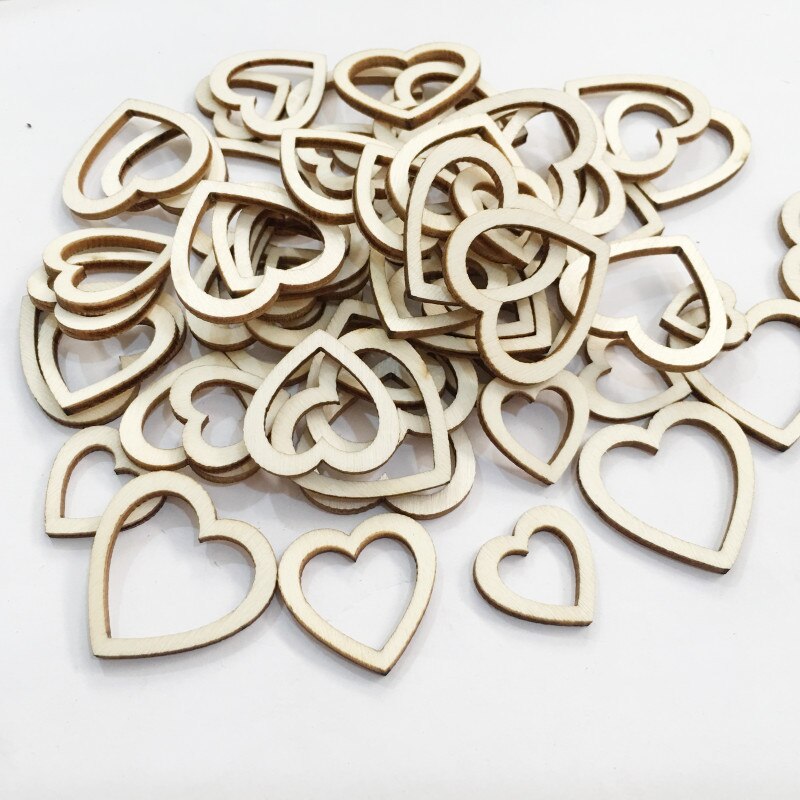 100pcs 10-30mm hollow love heart wood DIY wood chips DIY wedding for scrapbook handmade diy crafts wood carving home decorations