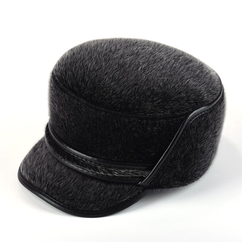 Mænds vinter flad top pilot cap snehætte lang ørebeskyttelse kunstlæder udendørs varm herre bomber hat