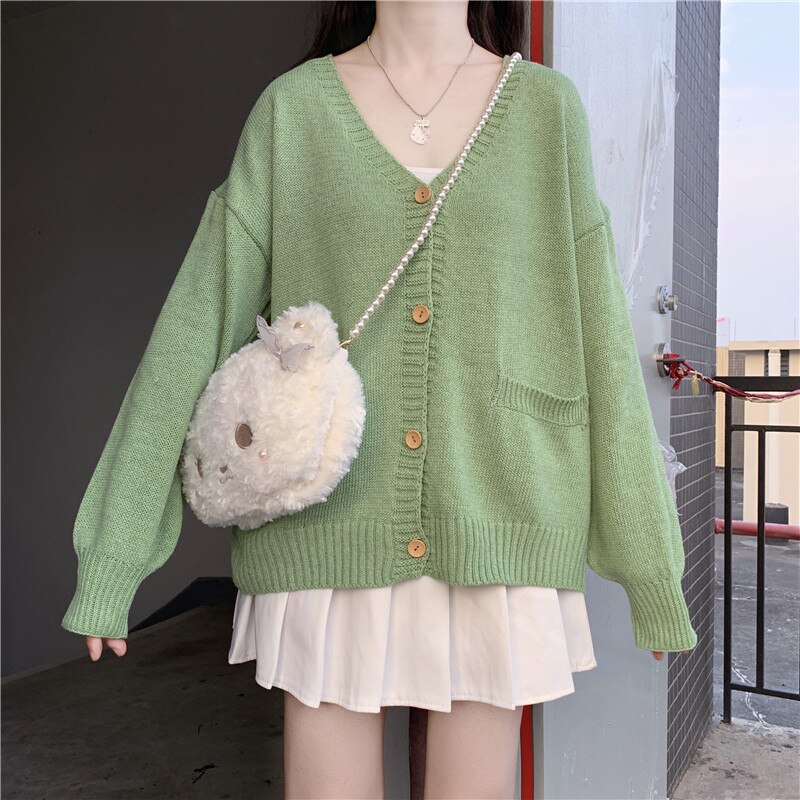 Japonés estilo universitario JK uniforme abrigo suéter chica dulce con cuello en V de la mediados de-longitud con cuello en V ropa chaqueta de chica de la escuela: green