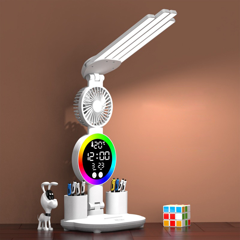 Candeeiro de mesa recarregável para estudo, candeeiro de mesa luz de leitura led candeeiro de mesa com ventilador, relógio led dispaly lâmpada de leitura