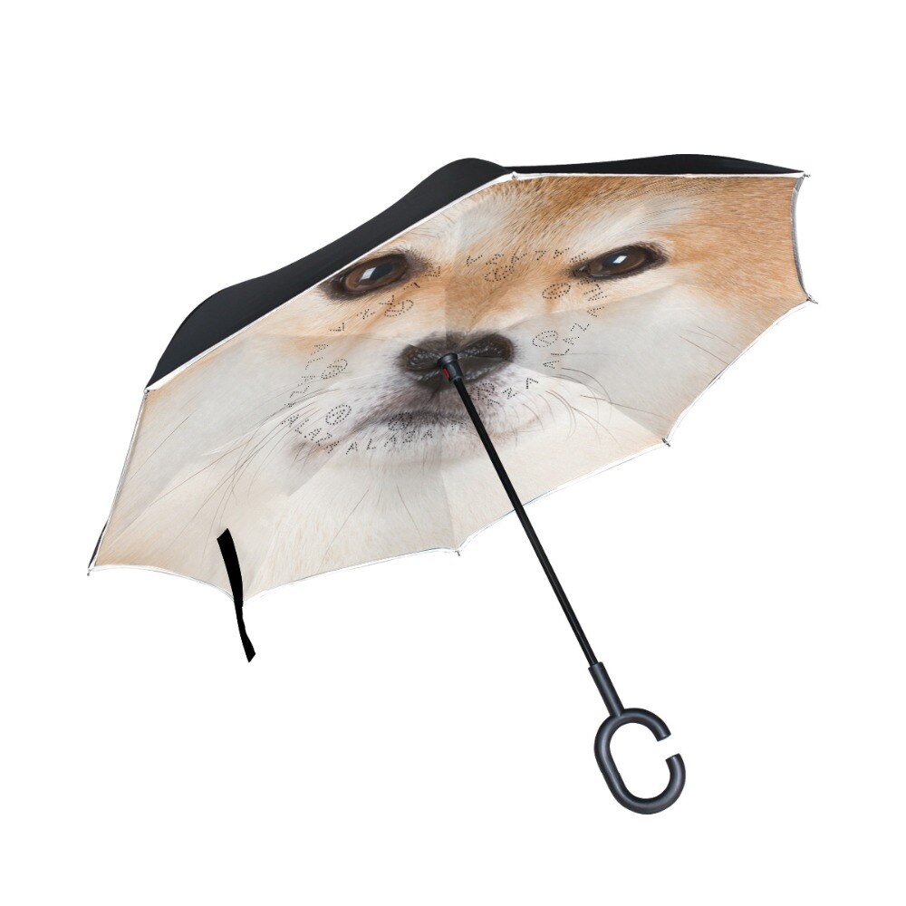 Leuke Shiba Inu Reverse Paraplu Dubbele Laag Afdrukken Omgekeerde Winddicht C-Haak Handen Regen Auto Grote Paraplu Voor Auto 'S