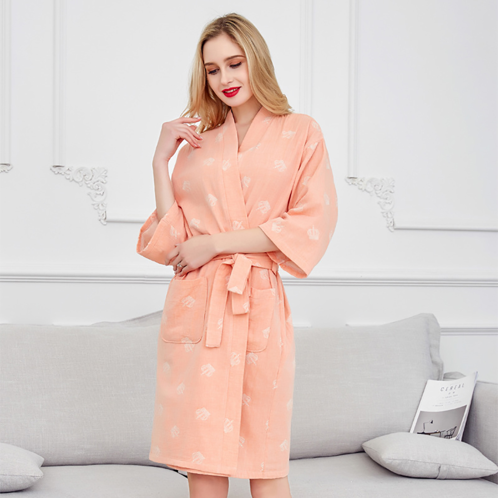 Peignoir Double gaze 100% coton pour femmes, Kimono respirant et absorbant, , couronne imprimée, Robe de nuit, cosmétique, printemps été: Orange / L