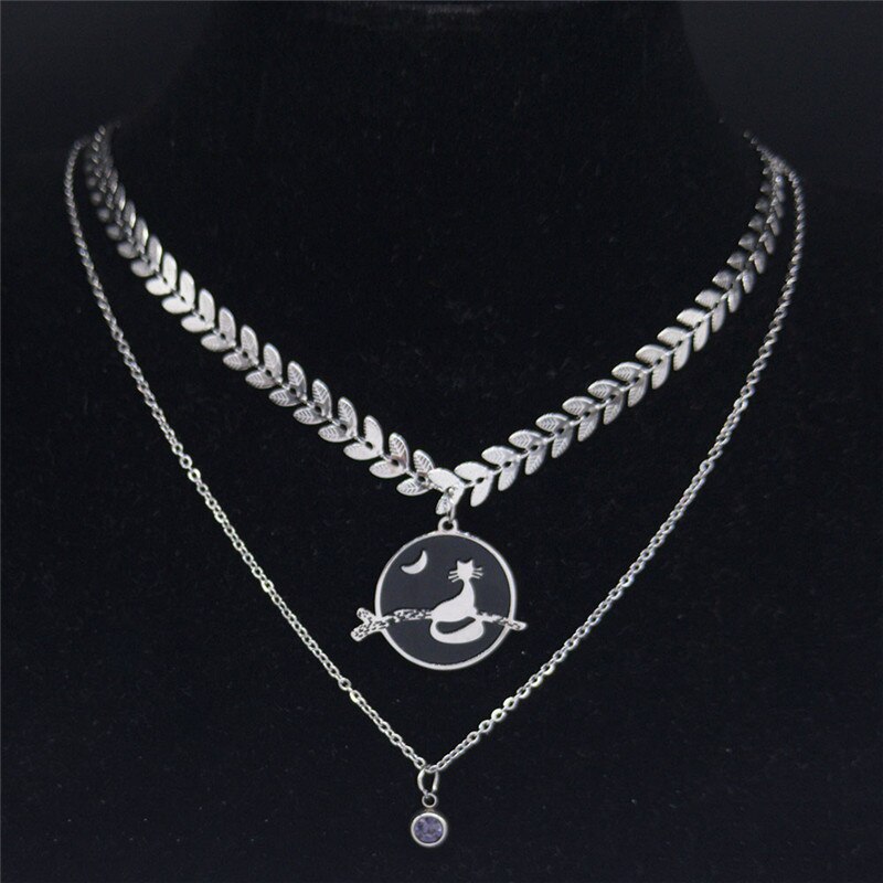 Kat Rvs Gelaagde Ketting Voor Vrouwen Zilveren Kleur Ketting Ketting Sieraden Acero Inoxidable Joyeria Mujer N1984S02