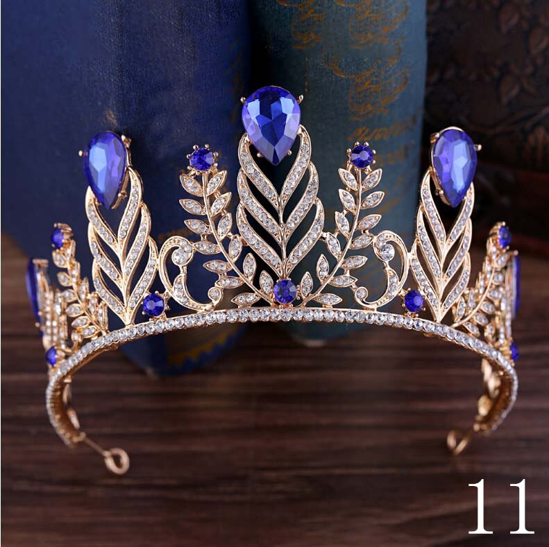 Baroque Luxury Handmade Rhinestone Bridal blue Crystal Big Crown Tiaras Diadem for Bride Headbands Wedding Hair Accessories