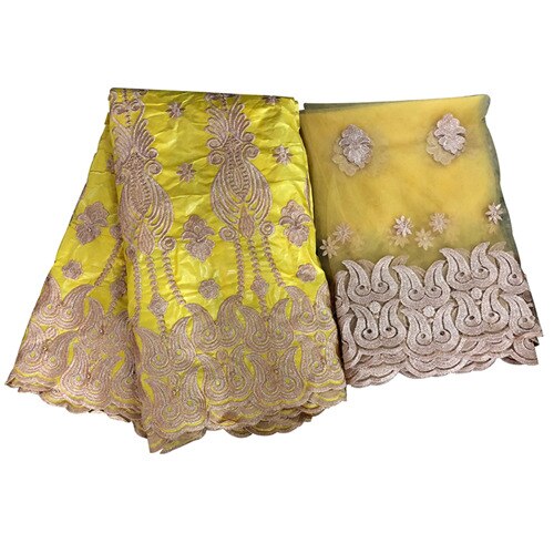 bazin riche getzner african guinea brocade fabric cotton fabrics embroidery tulle fabric gele headtie 5+2 yards/lot: Yellow