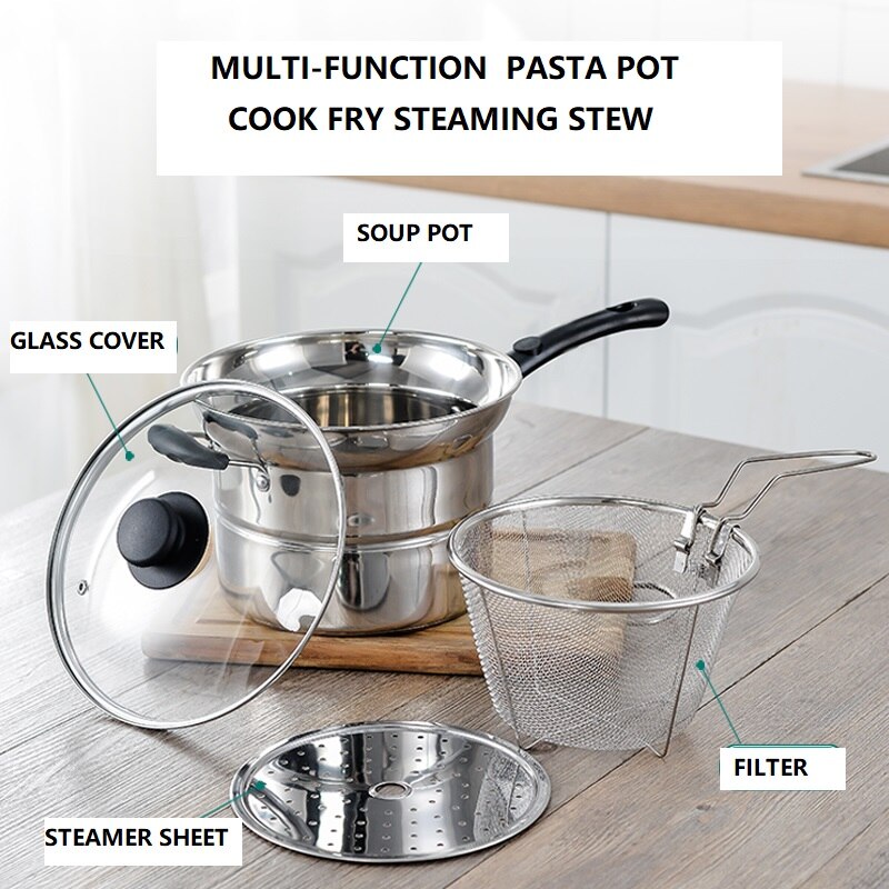 3000ML Pasta Pot Cooking Noodle HotPot Stainless Steel Soup Pan Steamer Fryer Pasta Induction Pot