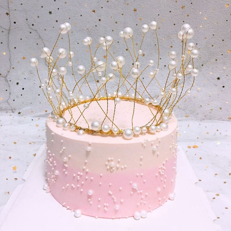 Metall pärla prinsessa crown cake topper konstgjorda pärlor huvudbonad bröllopstårta dekorera baby shower födelsedag topper handgjorda