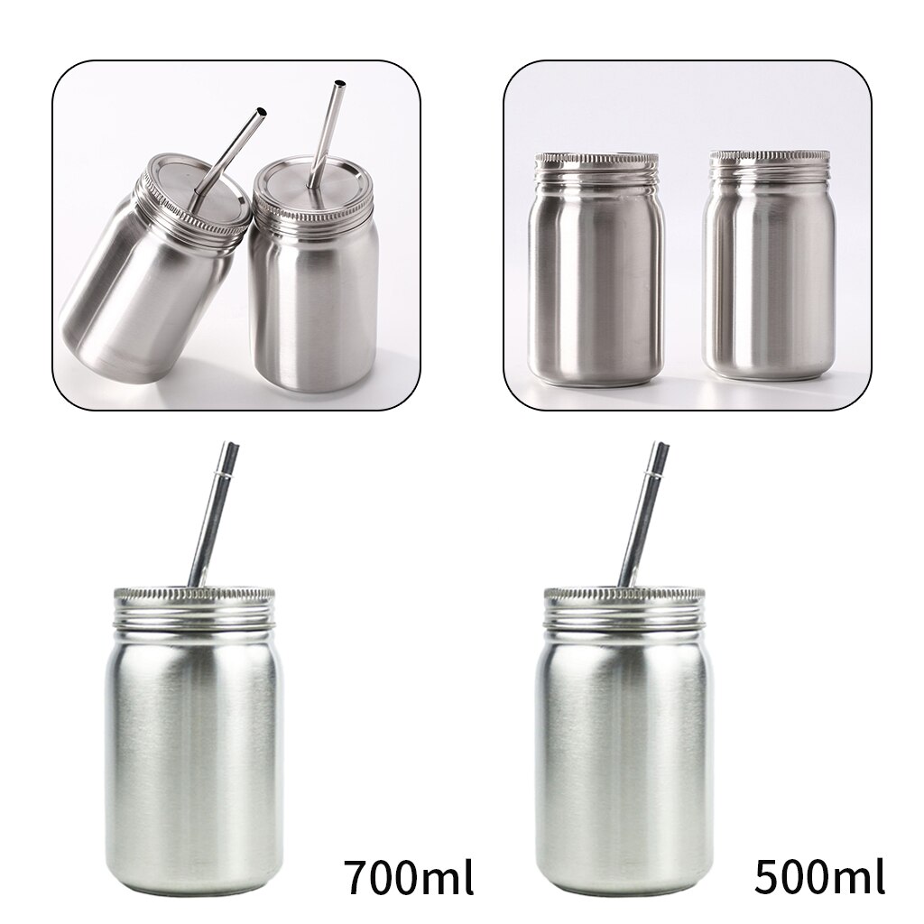 Mason Jar Silver, Stainless Steel Tumbler Jar with Lid and Straw, Sublimation Mugs Heat Transfer Travel Mugs
