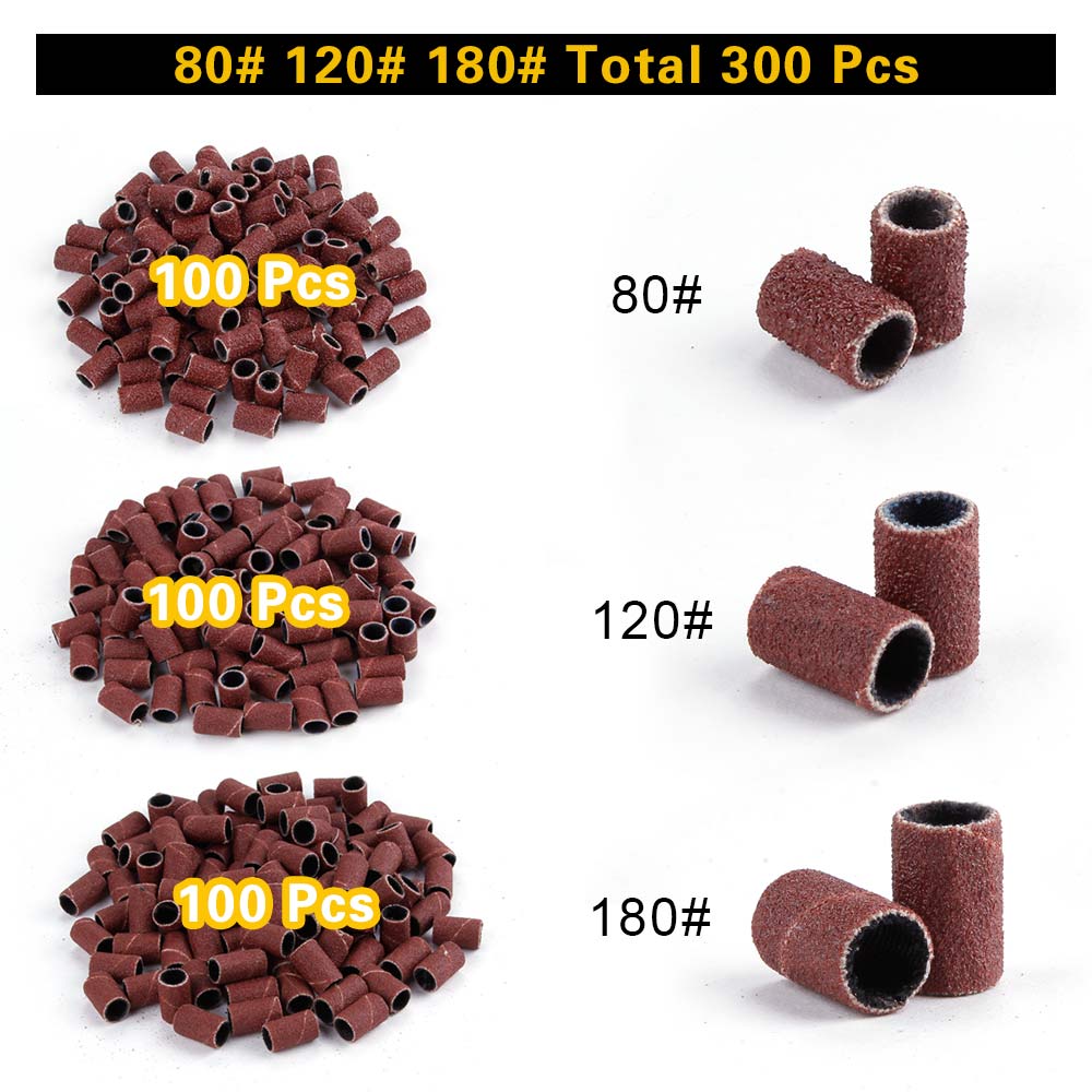 Bandas de lijado para uñas, accesorios de taladro eléctrico para manicura, paño de arena recargable, manguitos de lijado de repuesto, 300 Uds.: each size 100pcs